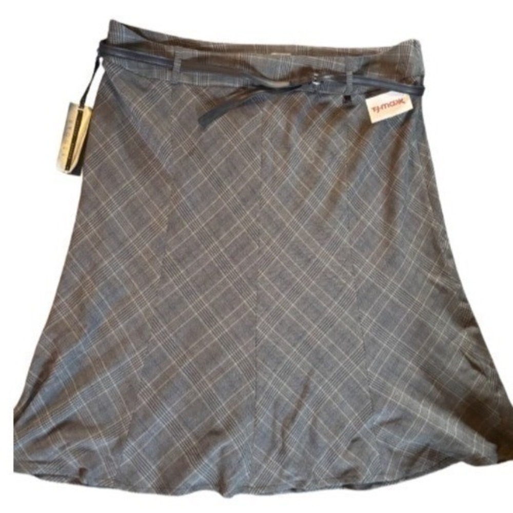 Renuar Gray Plaid A-Line Midi Skirt with Belt